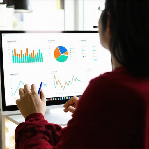 Person reviewing SEO analytics on a computer with maps and charts.