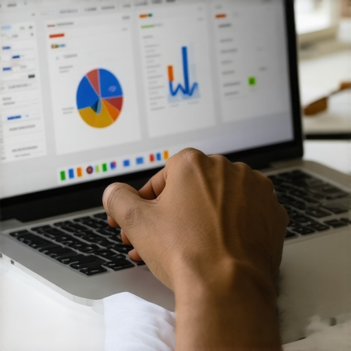 Analyzing Local SEO Data Person reviewing local SEO metrics on a laptop with charts and graphs.