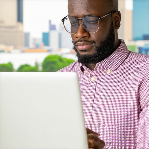 Charlotte business owner working on Google My Business profile with cityscape background.