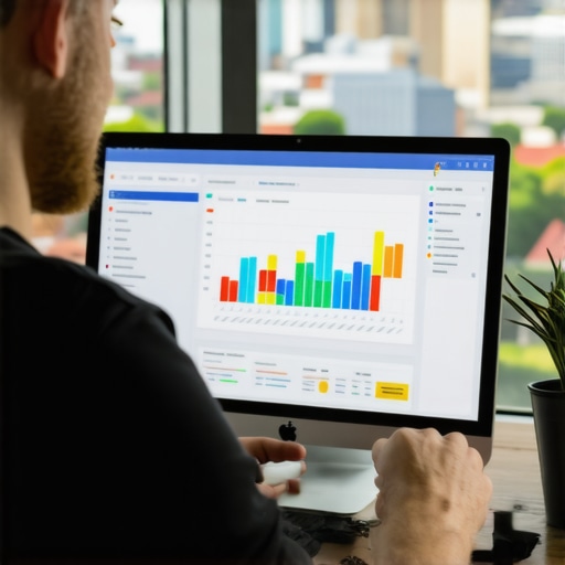 Business owner reviewing local SEO analytics with Charlotte cityscape in background.