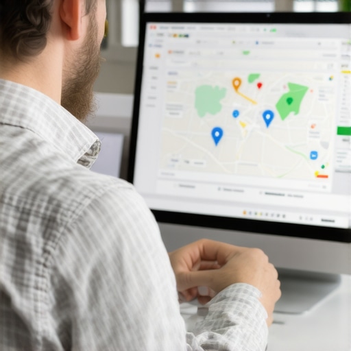 Charlotte business owner updating Google My Business profile on a laptop with maps and keywords.