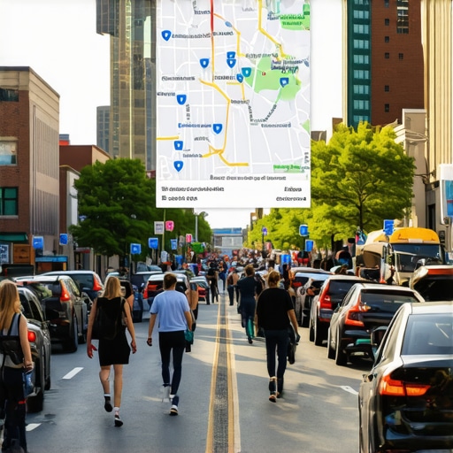 Charlotte street with local storefronts and map overlay for SEO illustration
