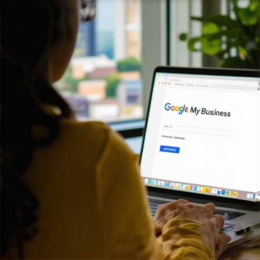 Person working on Google My Business profile with Charlotte cityscape.