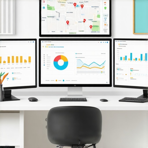 A workspace with multiple screens showing maps, analytics, and SEO metrics for local business optimization.