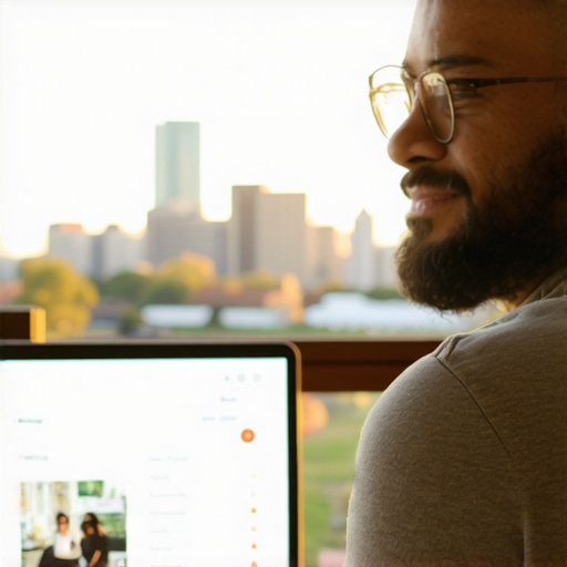 Charlotte business owner updating Google My Business profile with local cityscape