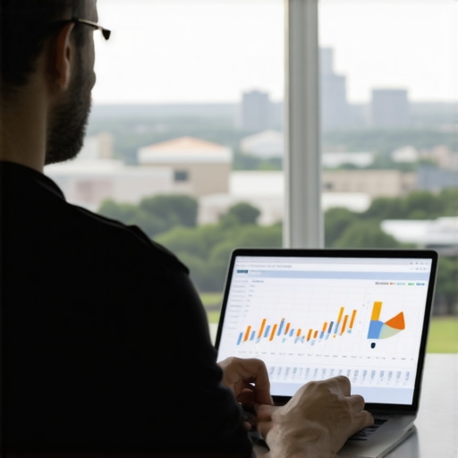 Charlotte Business Owner Reviewing SEO Data Charlotte storefront with SEO analysis on laptop