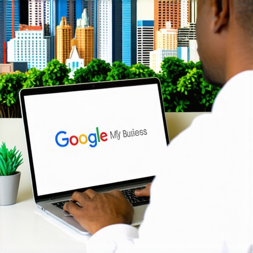 Business owner working on Google My Business profile amidst Charlotte landmarks.