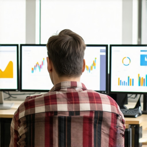 Person analyzing SEO metrics on computer screens with charts and graphs.