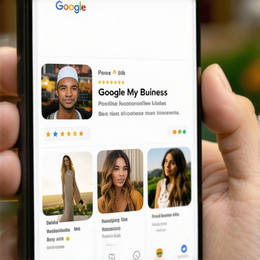 Close-up image of a smartphone screen showing a well-maintained Google My Business listing with reviews, images, and details.