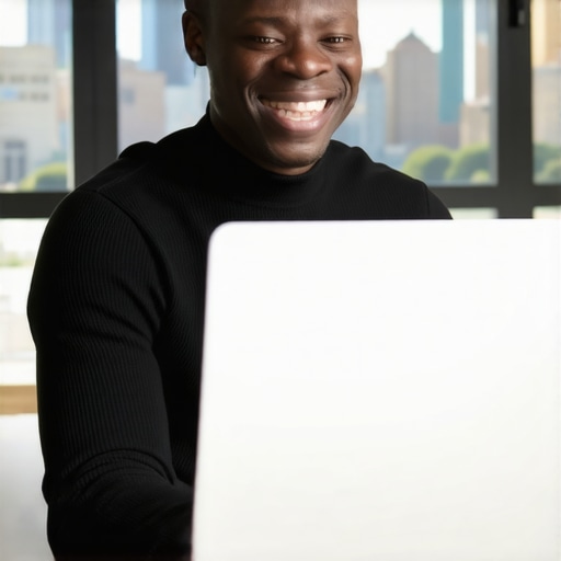 Charlotte business owner updating Google My Business with local city background.