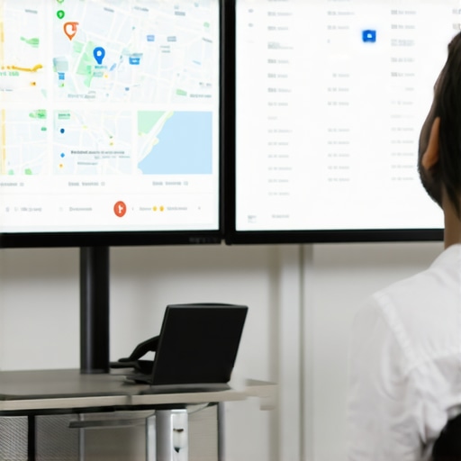 A person working on SEO analytics with maps and data charts on computer screens.