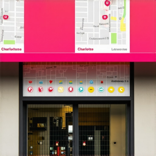 Charlotte storefront with digital map and SEO icons representing local SEO