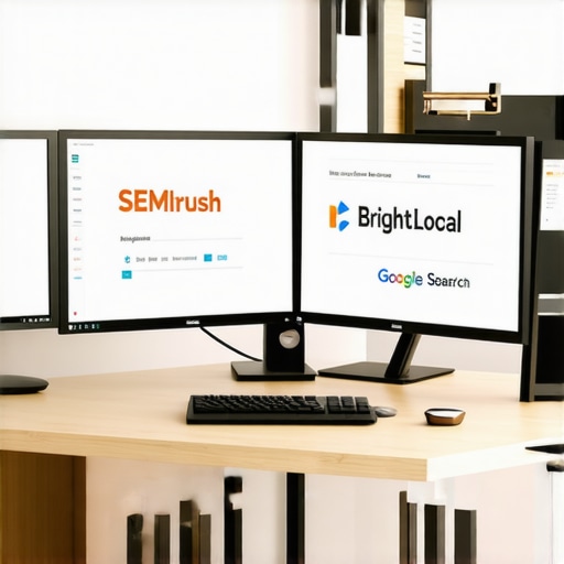 Multiple screens showing SEO tools like SEMrush, BrightLocal, and Google Search Console in a professional office